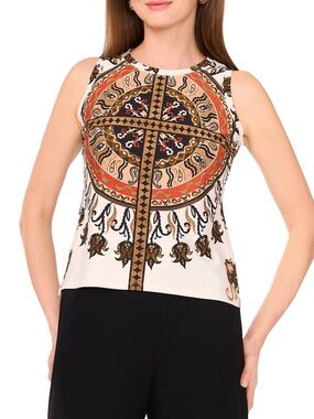 Vince Camuto Cream Multicolor Medallion Sleeveless Top